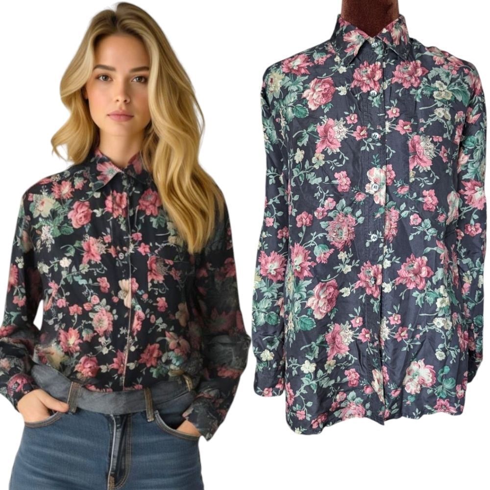 Willow Ridge 💯 silk Oversized Floral Wild Rose Flowy Button Down Shirt Size S